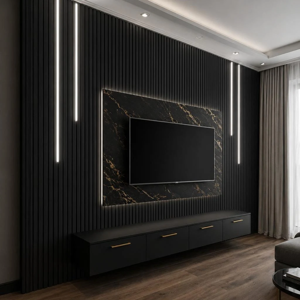 Dark slatted panel media wall