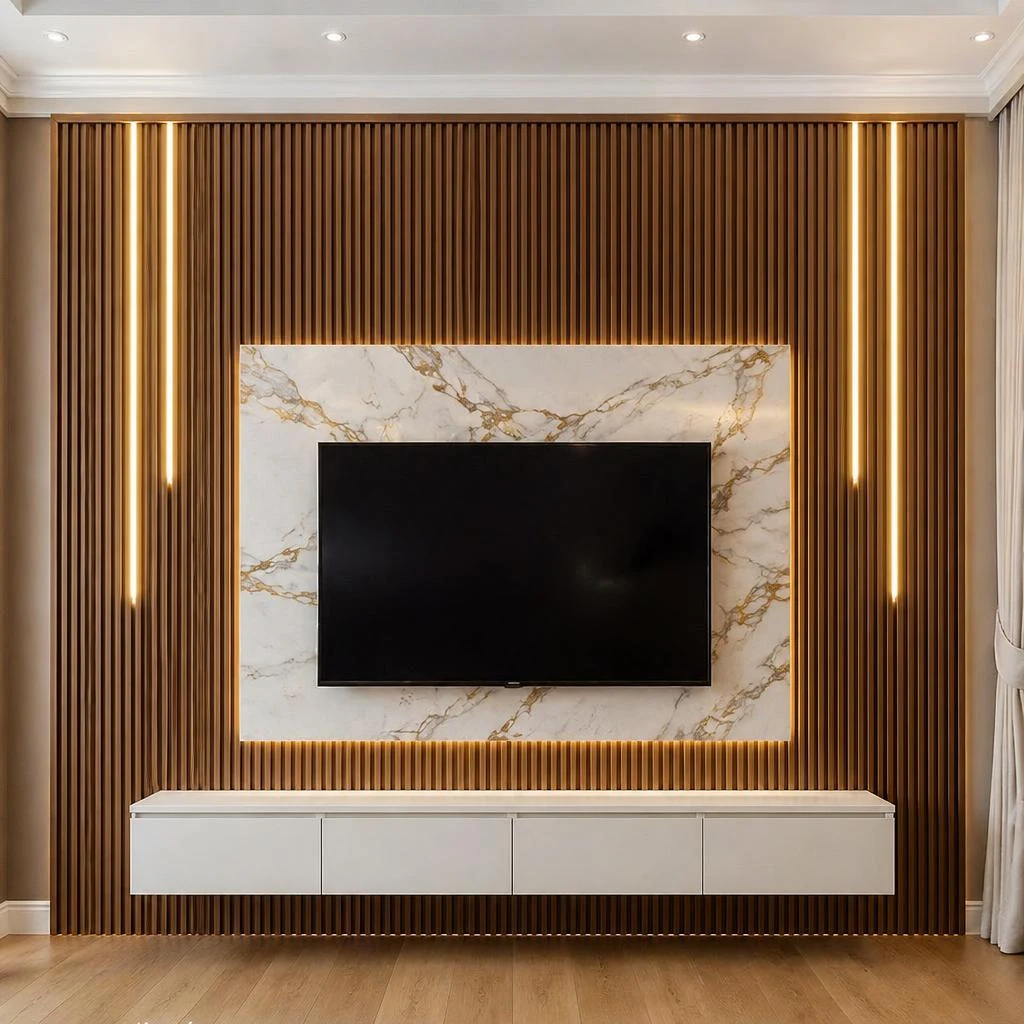 Walnut and gold marble media wall