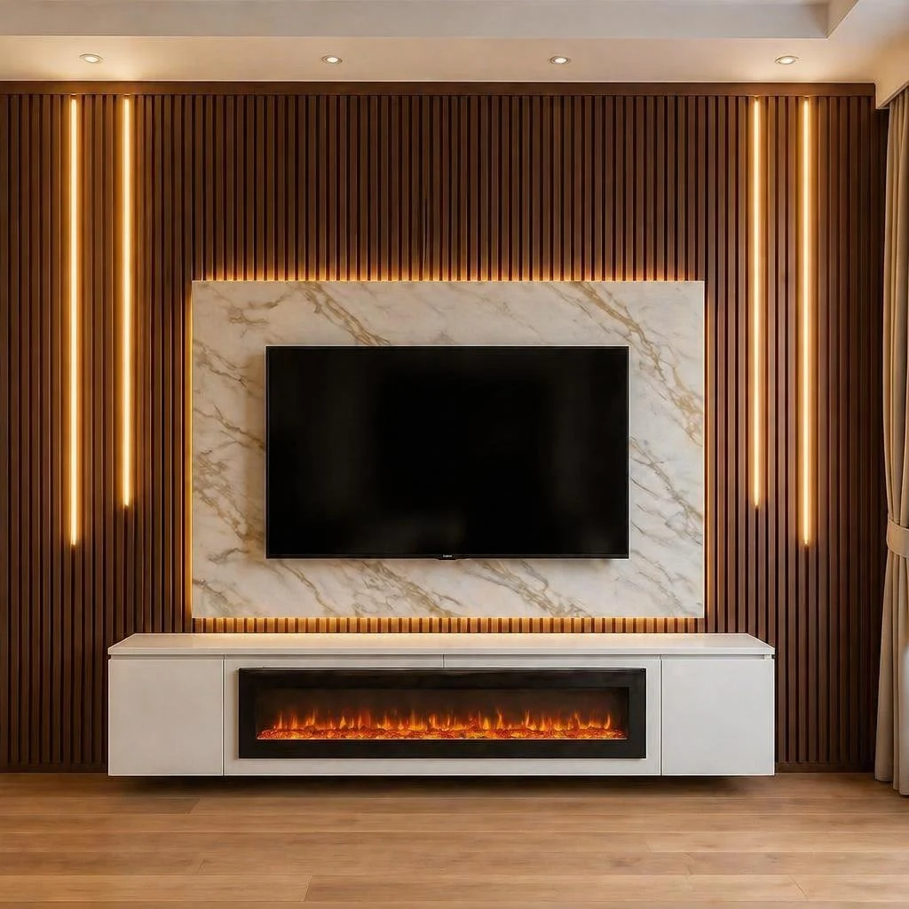Walnut slats fireplace media wall