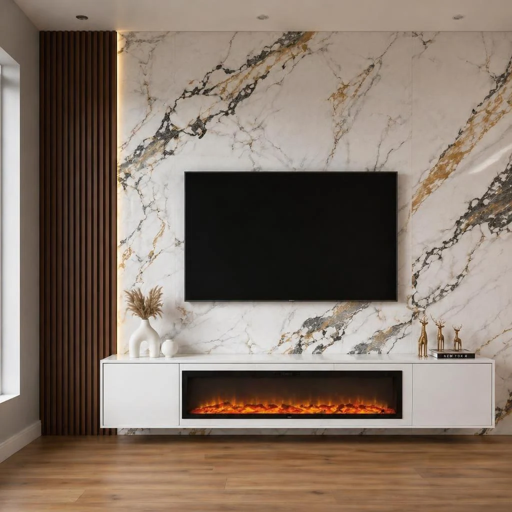 Marble fireplace media wall