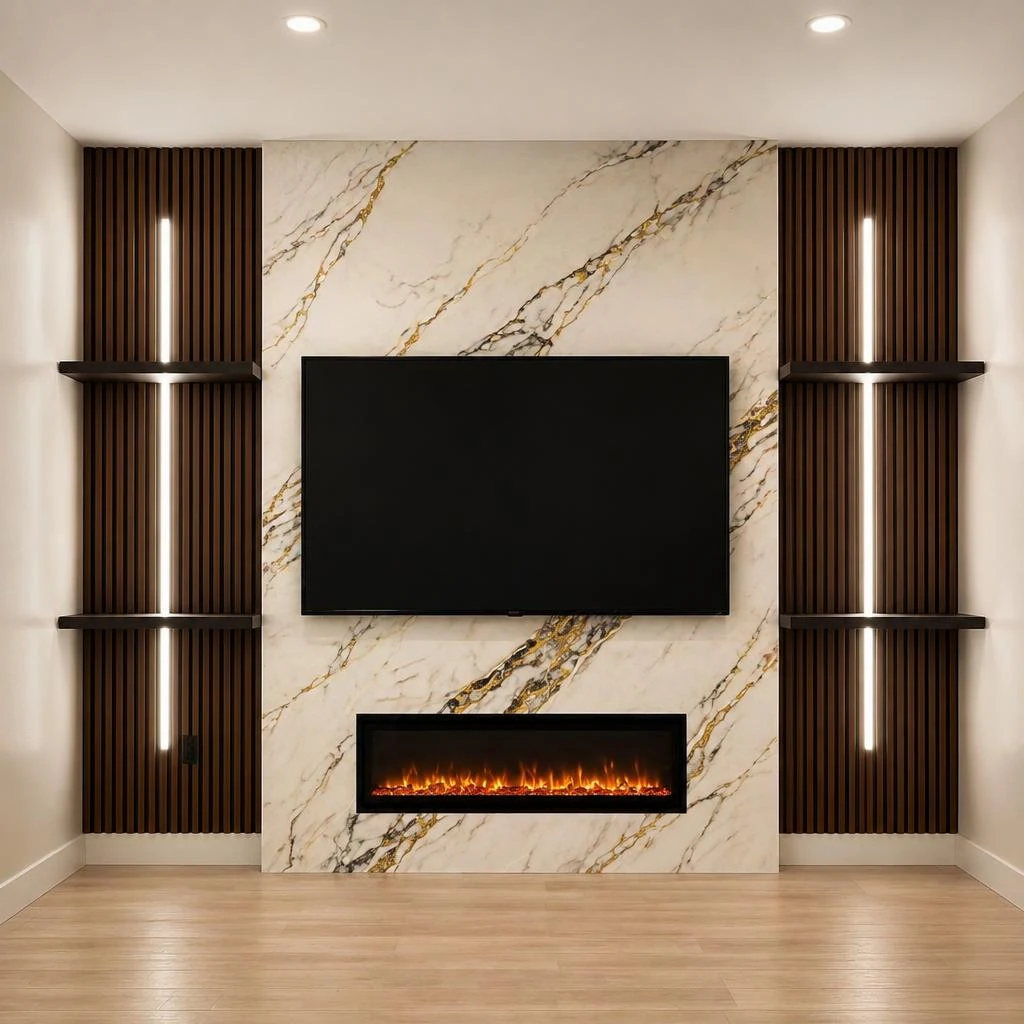 Calacatta gold shelving media wall