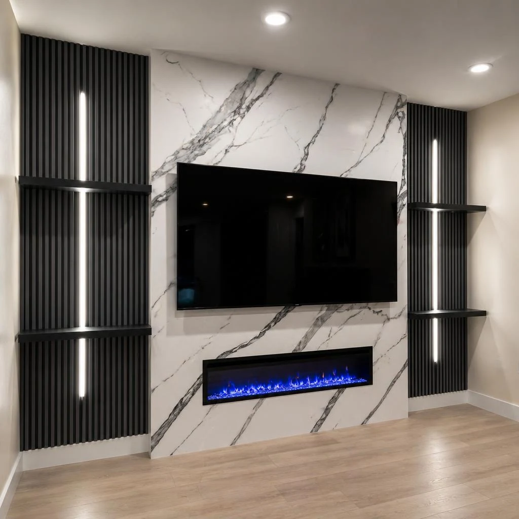 Statuario marble shelving media wall